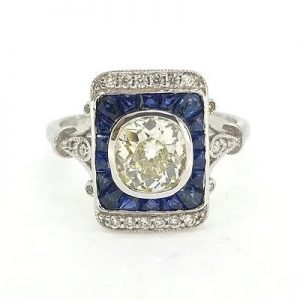 1.25ct Old Cut Diamond and Calibre Sapphire Tablet Ring