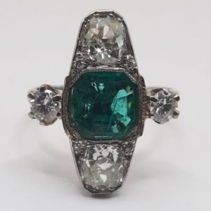 Antique Emerald and Old Cut Diamond Trilogy Plaque Ring