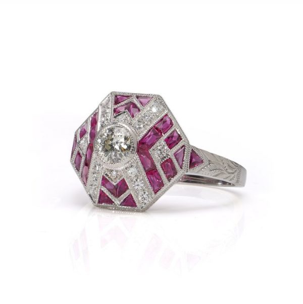 Art Deco Style Ruby and Diamond Cluster Dress Ring
