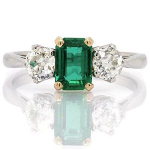 0.92ct Emerald and Diamond Three Stone Ring in Platinum