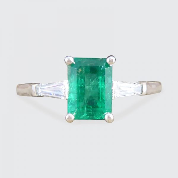 1.03ct Emerald Ring with Tapered Baguette Cut Diamond Shoulders