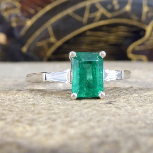 1.03ct Emerald Ring with Tapered Baguette Cut Diamond Shoulders