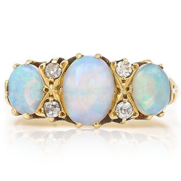 Antique Three Stone Opal Ring with Diamonds