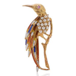 Vintage 18ct Yellow Gold and Enamel Bird Brooch with Pearls