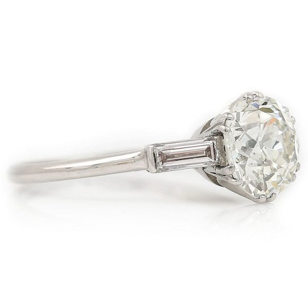 Art Deco 1.97ct Old European Cut Diamond Solitaire Engagement Ring with Baguette Shoulders in Platinum