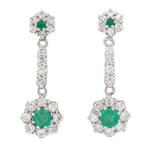 Contemporary Emerald and Diamond Cluster Drop Earrings in 18ct white gold