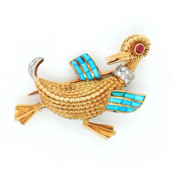 Vintage French Boucheron Gold Duck Brooch with Turquoise Ruby Diamond