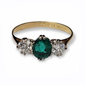 0.75ct Emerald and Diamond Trilogy Ring in 18ct Yellow Gold