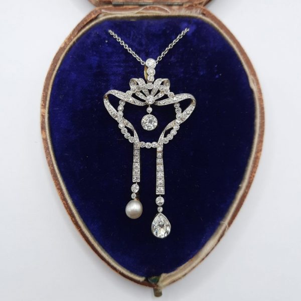 Antique Natural Pearl and Old Cut Diamond Negligee Pendant Necklace