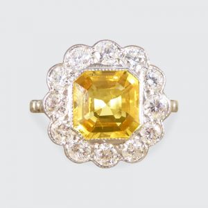 2.10ct Asscher Cut Yellow Sapphire and 0.90ct Diamond Cluster Ring