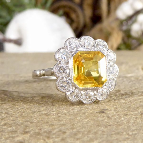 2.10ct Asscher Cut Yellow Sapphire and 0.90ct Diamond Cluster Ring