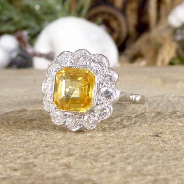 2.10ct Asscher Cut Yellow Sapphire and 0.90ct Diamond Cluster Ring