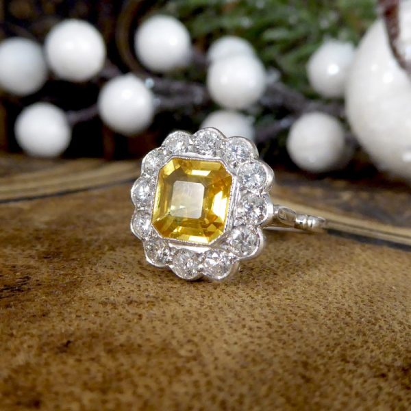 2.10ct Asscher Cut Yellow Sapphire and 0.90ct Diamond Cluster Ring