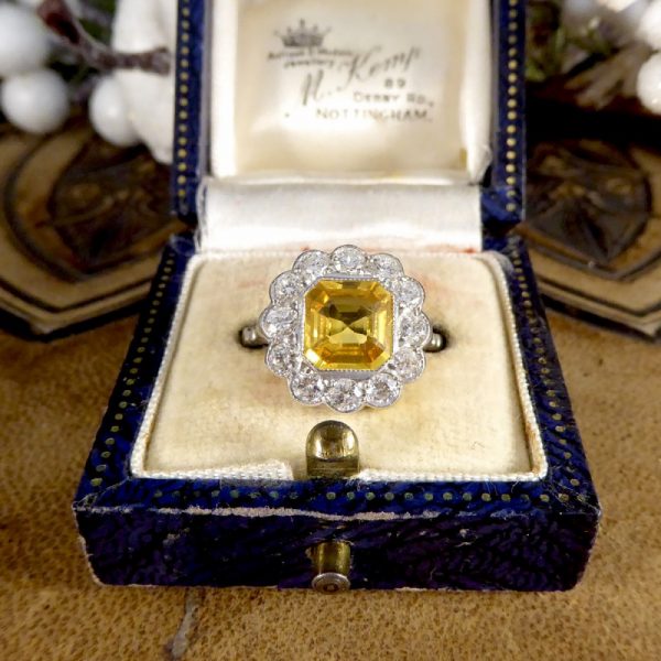 2.10ct Asscher Cut Yellow Sapphire and 0.90ct Diamond Cluster Ring