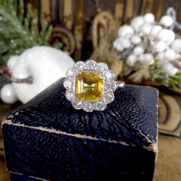 2.10ct Asscher Cut Yellow Sapphire and 0.90ct Diamond Cluster Ring