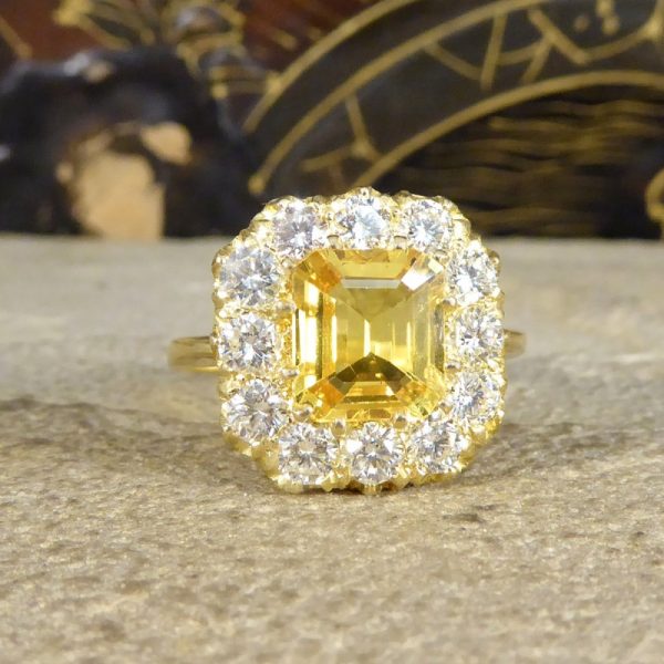 2.30ct Asscher Cut Yellow Sapphire and 1.40ct Diamond Cluster Ring
