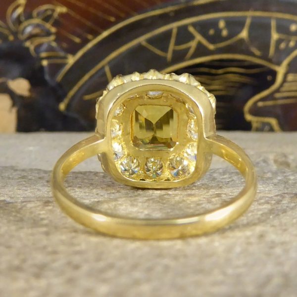 2.30ct Asscher Cut Yellow Sapphire and 1.40ct Diamond Cluster Ring