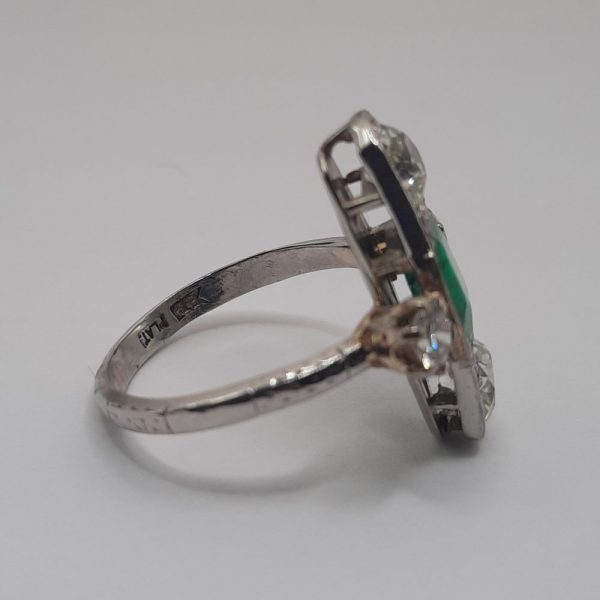 Antique 1.50ct Emerald and Old Cut Diamond Three Stone Plaque Ring