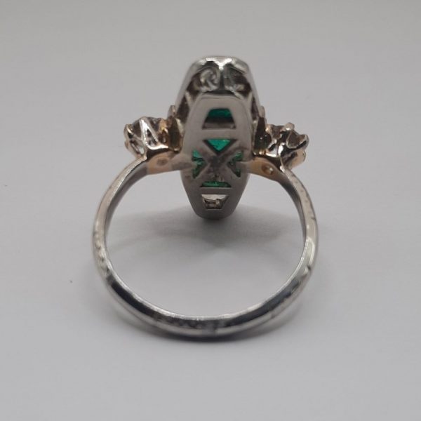 Antique 1.50ct Emerald and 2ct Old Cut Diamond Three Stone Plaque Ring