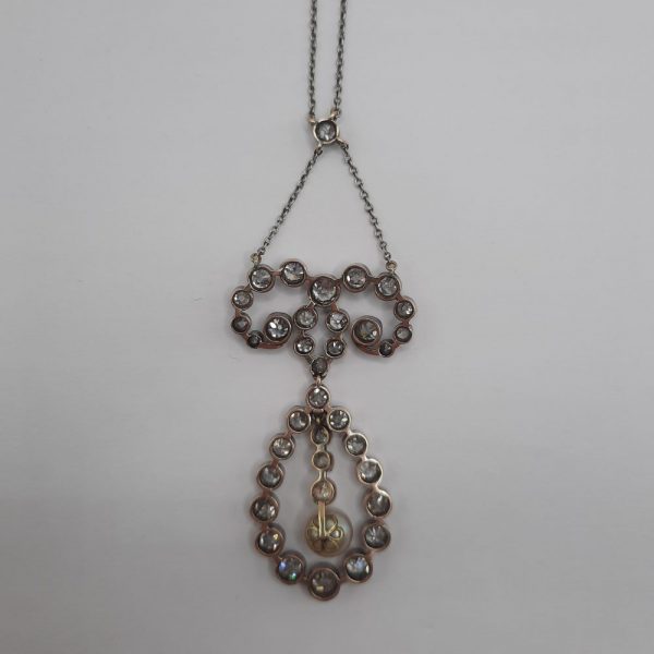 Antique 7ct Old Cut Diamond and Natural Pearl Pendant Necklace