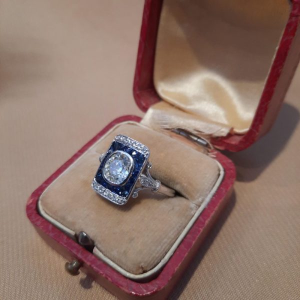 1.25ct Old Cut Diamond and Sapphire Target Cluster Plaque Ring