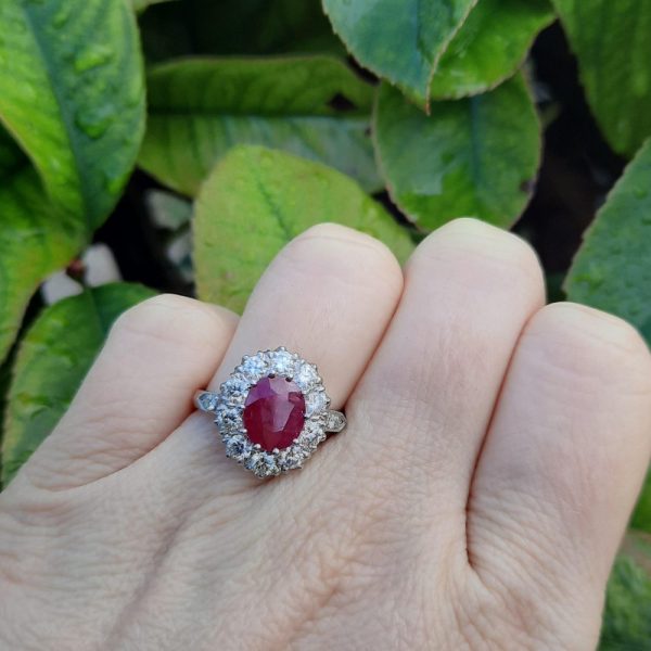 Ruby and Diamond Cluster Engagement Ring in Platinum