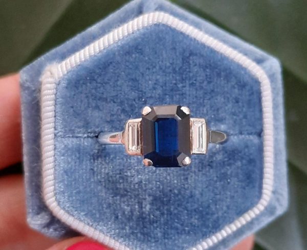 Art Deco Sapphire and Diamond Engagement Ringemerald cut baguette shoulders