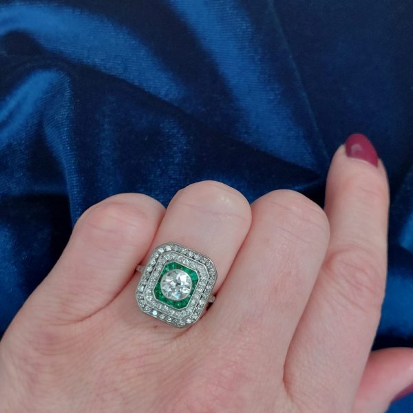 Old European Cut Diamond and Emerald Double Halo Target Ring