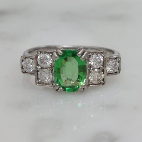 Vintage 1940s Green Demantoid Garnet and Diamond Ring