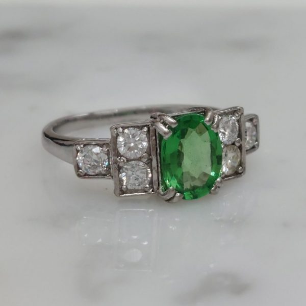 Vintage 1940s Green Demantoid Garnet and Diamond Ring