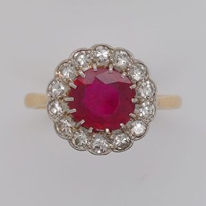 Antique Natural No Heat Burma Ruby and Diamond Cluster Ring