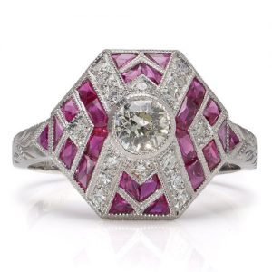 Art Deco Style Ruby and Diamond Cluster Dress Ring