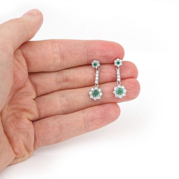 Classic Emerald and Diamond Cluster Drop Earrings 18ct White Gold