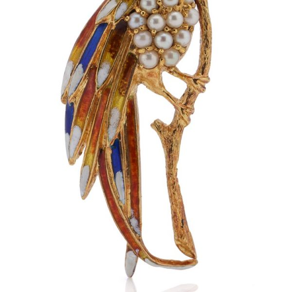 Vintage 18ct Yellow Gold Bird Brooch with Multi Colour Enamel and Pearls