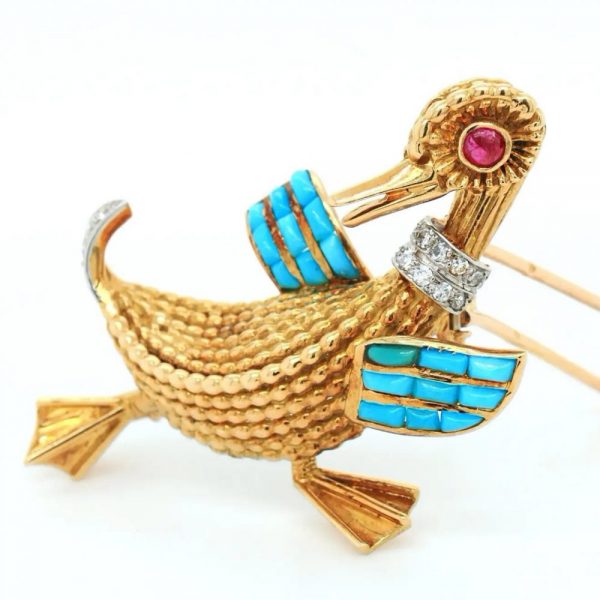 Vintage 1960s French Boucheron Gold Duck Brooch with Turquoise Ruby Diamond