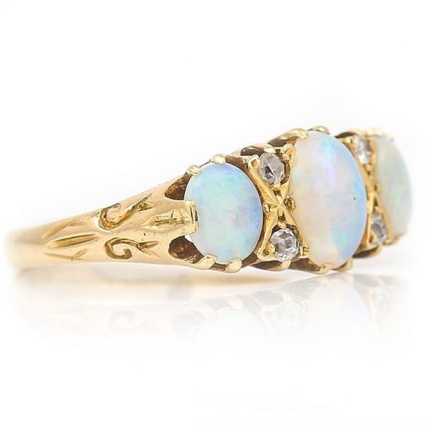 Antique Three Stone Opal Ring with Old Cut Diamonds