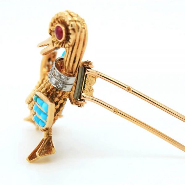Turquoise Ruby Diamond Gold Duck Brooch by Boucheron