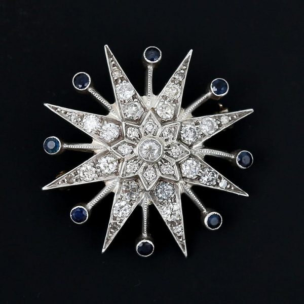 Vintage 1.8ct Diamond and Star Brooch Pendant with Sapphires