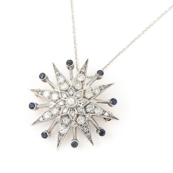 Vintage Diamond and Star Pendant Brooch with Sapphires 1.80 carats