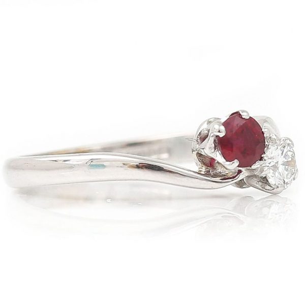 Vintage Ruby and Diamond Two Stone Crossover Ring in 18ct White Gold
