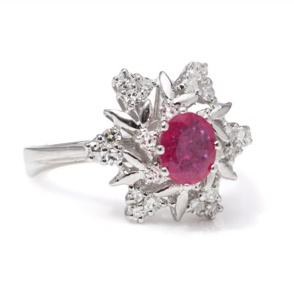Vintage 1ct Oval Red Ruby and Diamond Cluster Ring