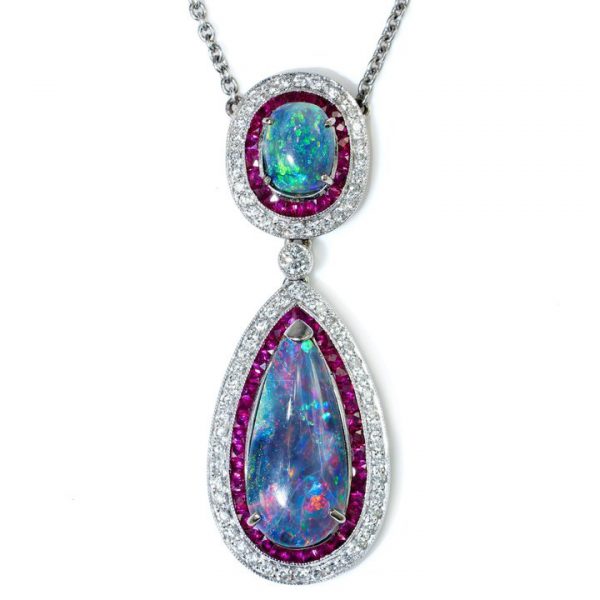 Vintage 4.30ct Black Opal Pendant with Rubies and Diamonds,