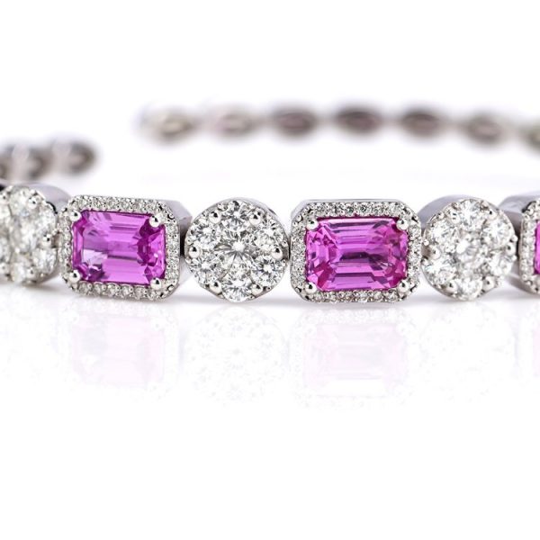 Emerald Cut Pink Sapphire bangle bracelet with brilliant diamonds