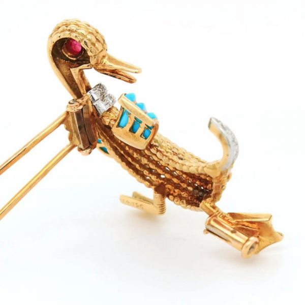 Boucheron 18ct Gold Duck Brooch with Ruby Turquoise Diamond