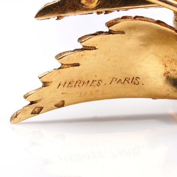 Vintage French 18ct Yellow Gold Bird Brooch signed Hermes Paris