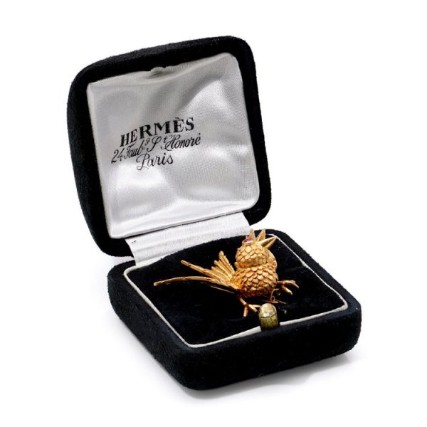 Vintage French French 18ct Yellow Gold Bird Brooch in Original Hermes box