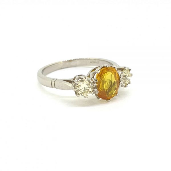 1.7ct Oval Yellow Sapphire and Diamond Three Stone Engagement Ring