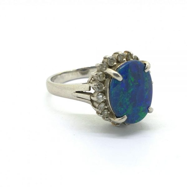 Black Opal and Diamond Cluster Ring in 18ct White Gold
