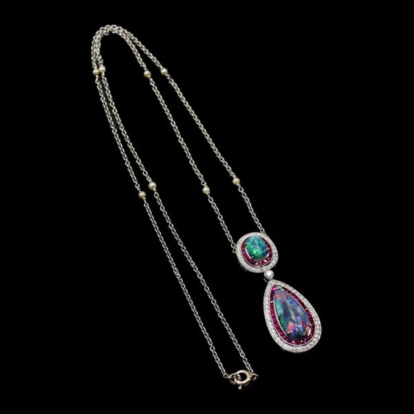 Vintage 4.30cts Black Opal Cluster Pendant with Ruby and Diamond in Platinum seed pearl chain
