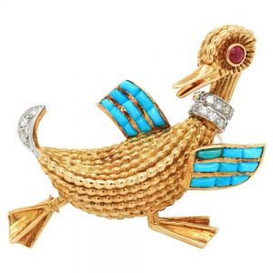 Vintage Boucheron Gem Set Gold Duck Brooch